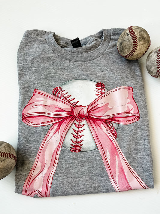Baseball with Pink Bow Athletic Grey Tee