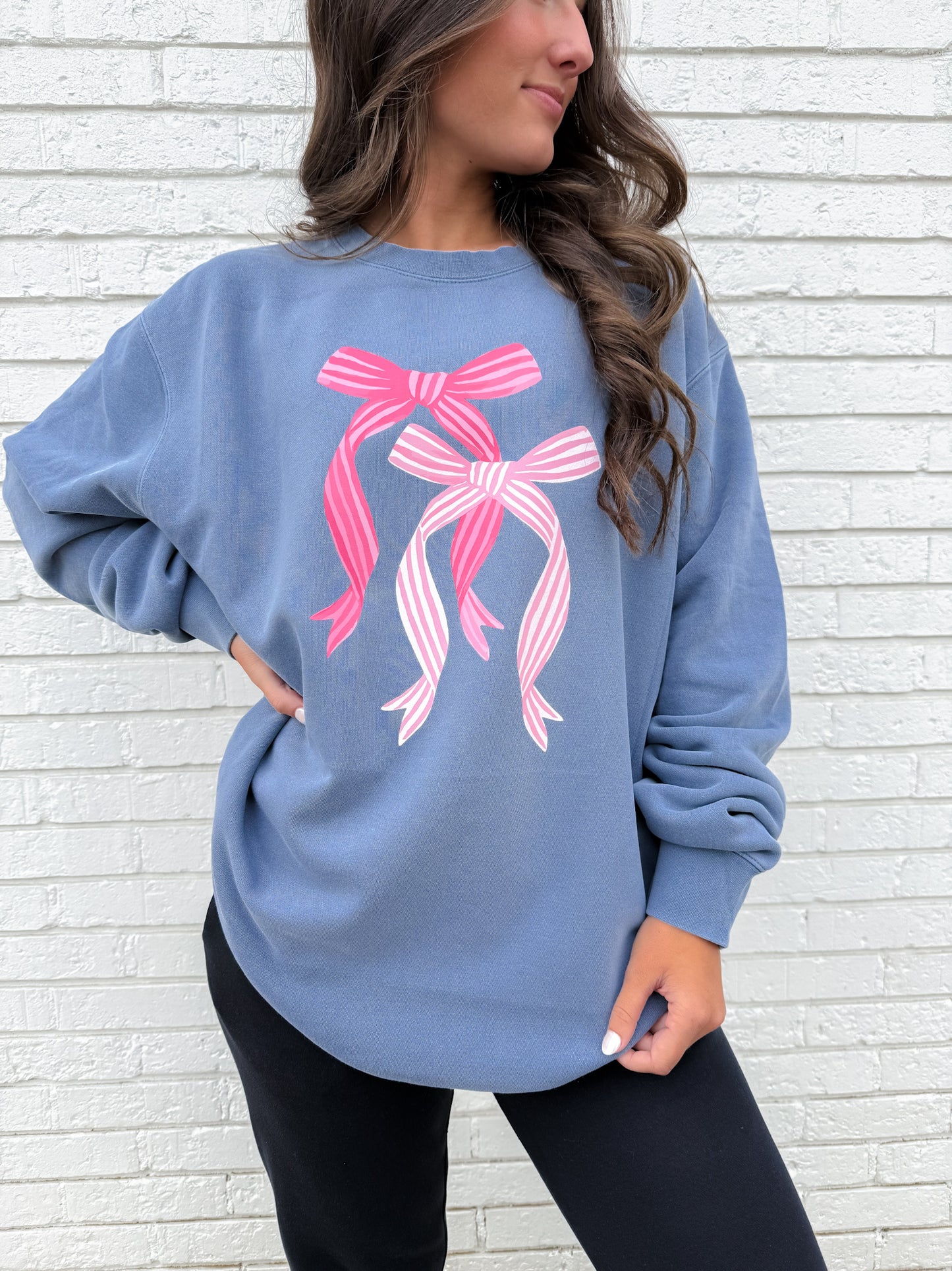 Girly Bows Denim Washed Sweatshirt