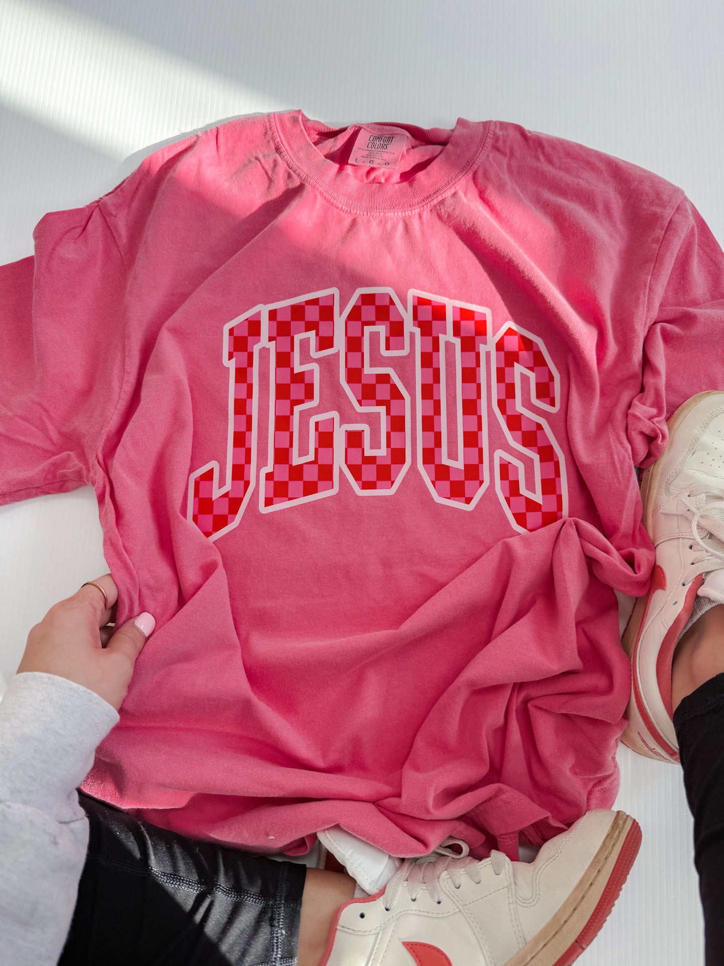 Pink Checkered JESUS Tee