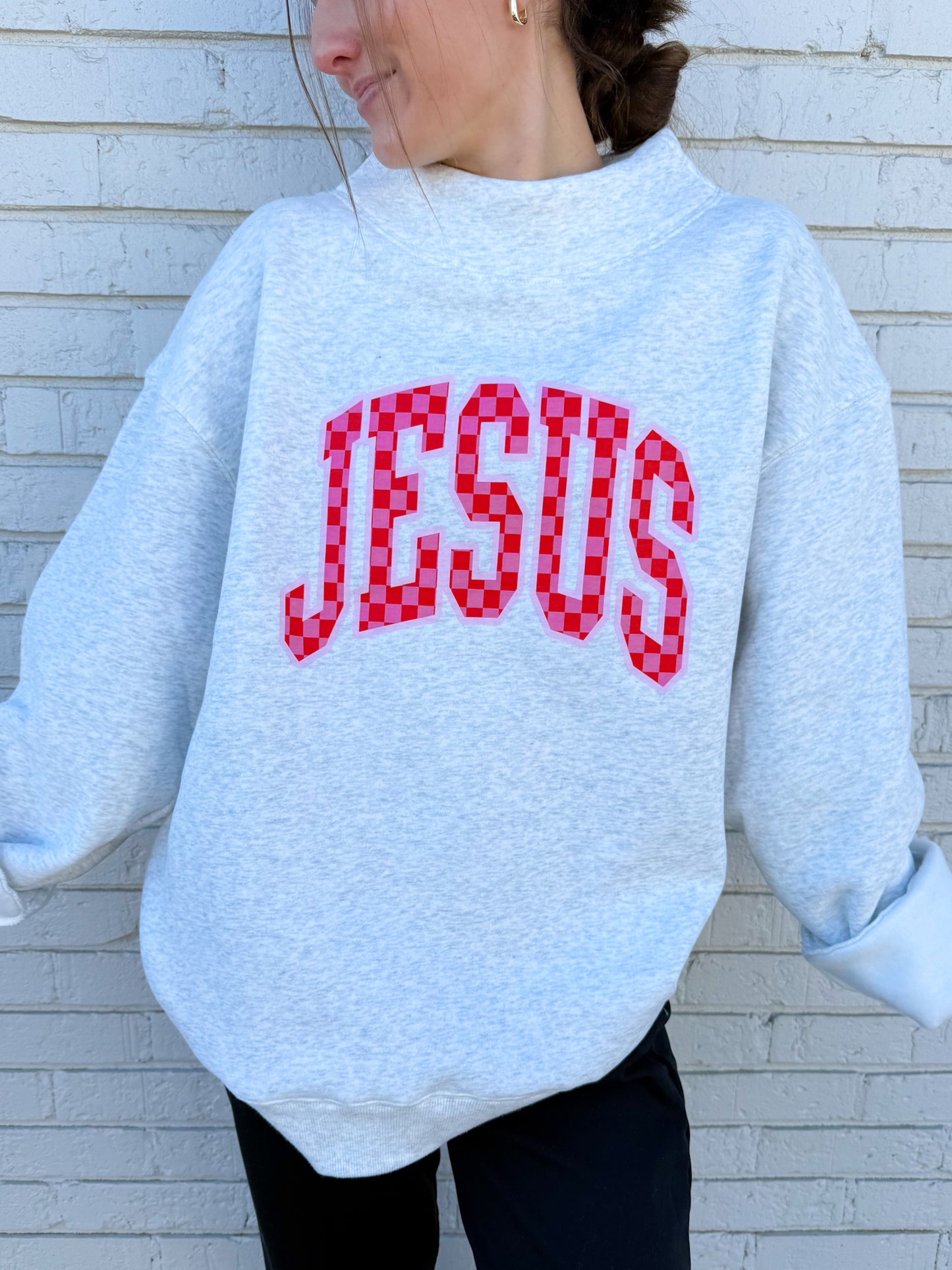 Pink Checkered JESUS Mock-neck Sweatshirt