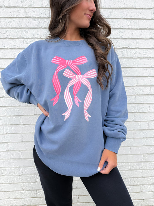 Girly Bows Denim Washed Sweatshirt