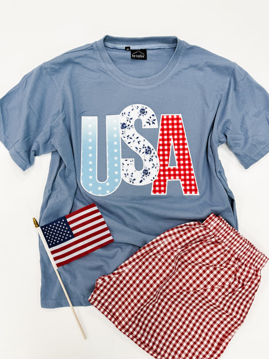 USA Patterned Fabric Appliqué Tee