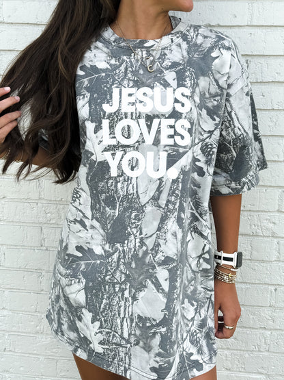 B&W Camo Jesus Loves You Tee