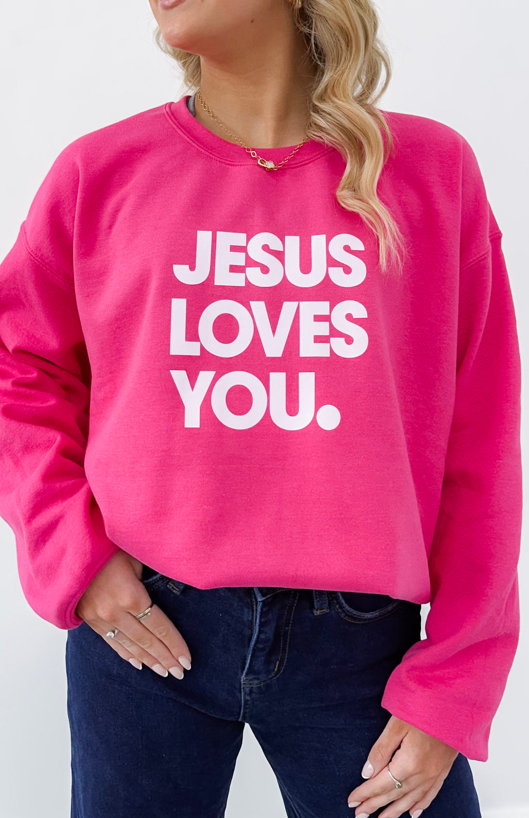 Hot Pink Jesus Loves You Sweatshirt