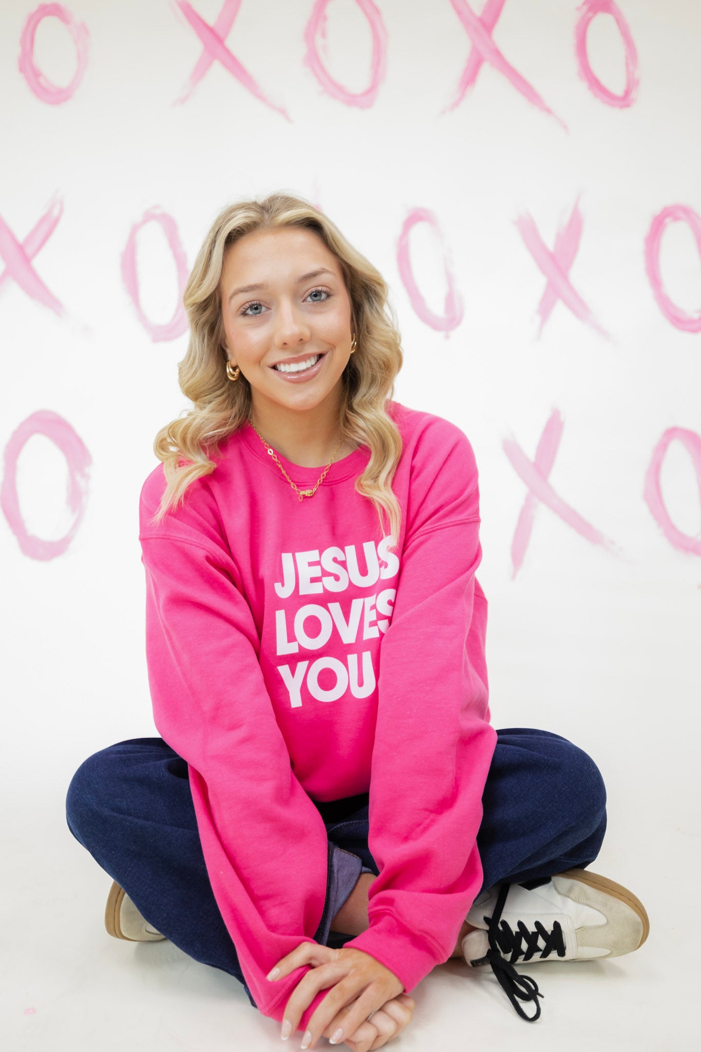 Hot Pink Jesus Loves You Sweatshirt
